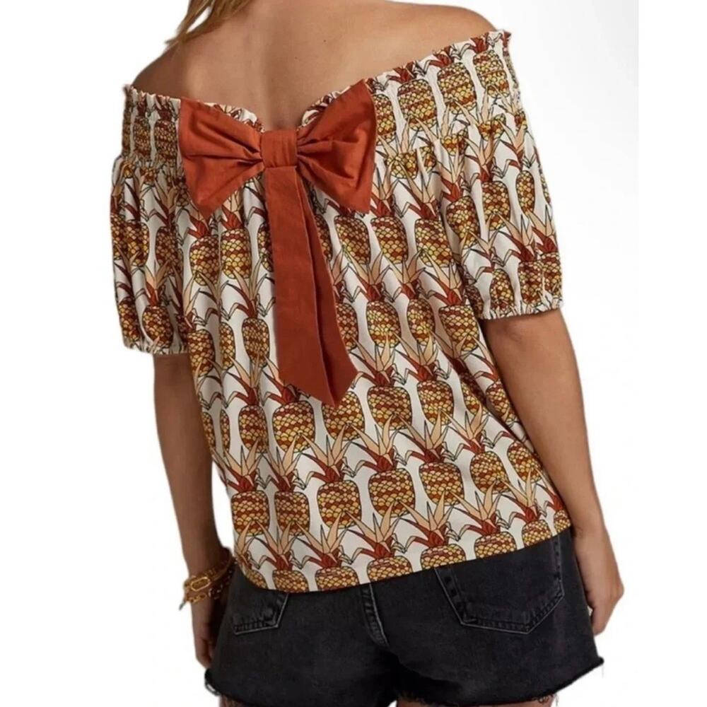 Anthropologie Porridge Off Shoulder Pineapple Print Top With Bow Accent Small